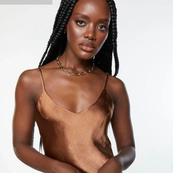 SOLD NWT Oak + Fort Satin Midi Slip Dress M Toffee Brown - Picture 2 of 13